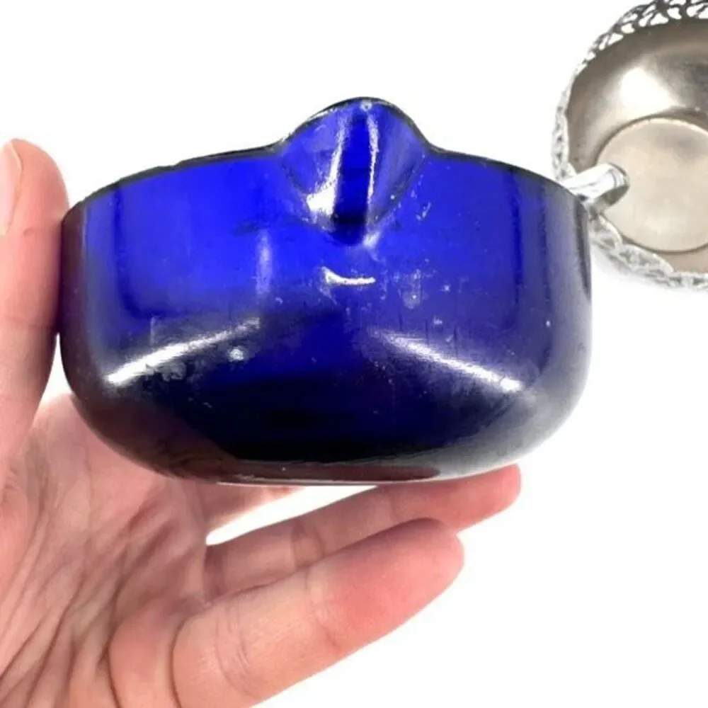 Vintage Silverplate Handle Glass Open Sugar and Creamer‎ Set Cobalt Blue Large